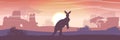 Big red kangaroos are jumping over the Australian plain. Acacia trees and eucalyptus trees. Wild nature of Australia. Realistic ve Royalty Free Stock Photo